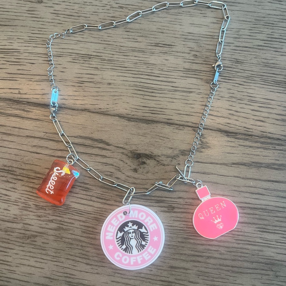 Starbucks Coffee Charm Necklace with Orange and Pink Accents